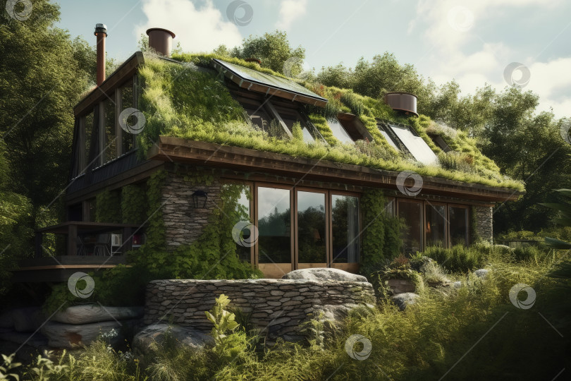 Скачать Загородный деревянный эко-дом, покрытый зеленой травой в лесу, снаружи. Порождающий искусственный интеллект фотосток Ozero