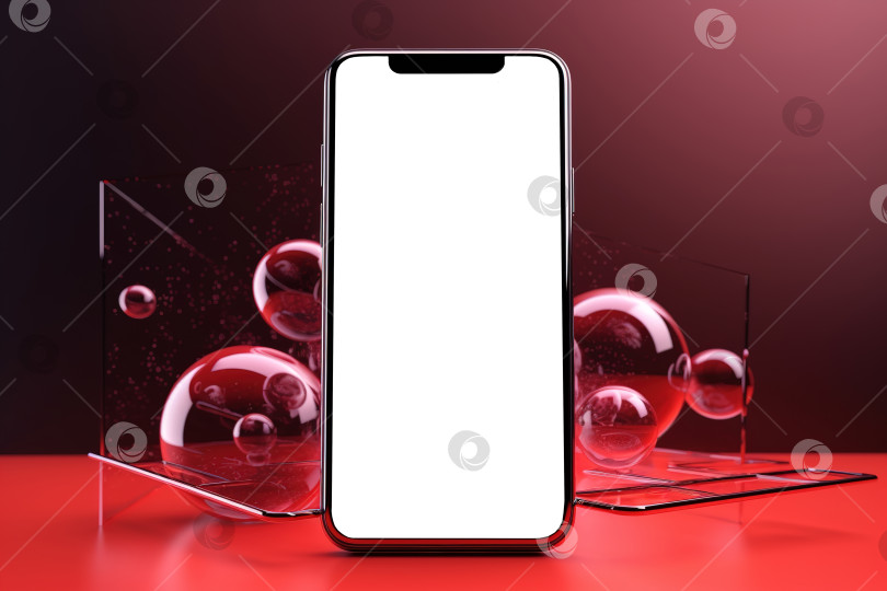 Скачать Макет современного мобильного телефона. Смартфон с пустым белым экраном, стоящий на модном красном фоне, вид спереди. Порождающий искусственный интеллект фотосток Ozero