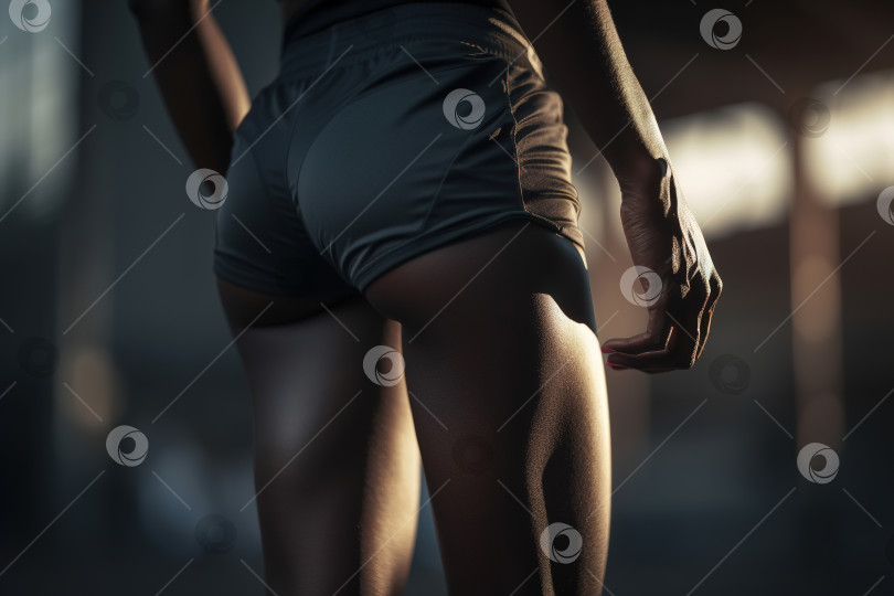 Скачать Стройная сексуальная чернокожая фитнес-леди, афроамериканка, занимающаяся спортом на открытом воздухе. Вид сзади, крупным планом ягодицы и ноги в шортах. Порождающий искусственный интеллект фотосток Ozero