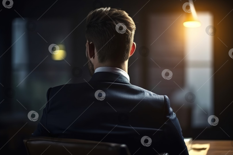 Скачать Одинокий красивый бизнесмен в костюме сидит вечером в одиночестве в офисе, вид сзади. Порождающий искусственный интеллект фотосток Ozero