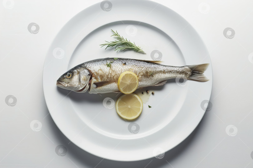 Скачать Вкусное рыбное блюдо для гурманов на белой тарелке, поданное в минималистичном стиле. Порождающий искусственный интеллект фотосток Ozero