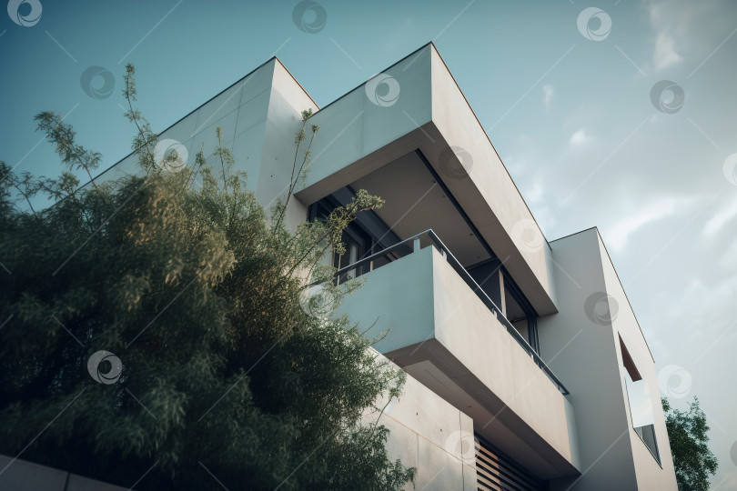 Скачать Архитектура в стиле минимализм. Современный минималистский экстерьер дома, балкон и крыша крупным планом. Порождающий искусственный интеллект фотосток Ozero