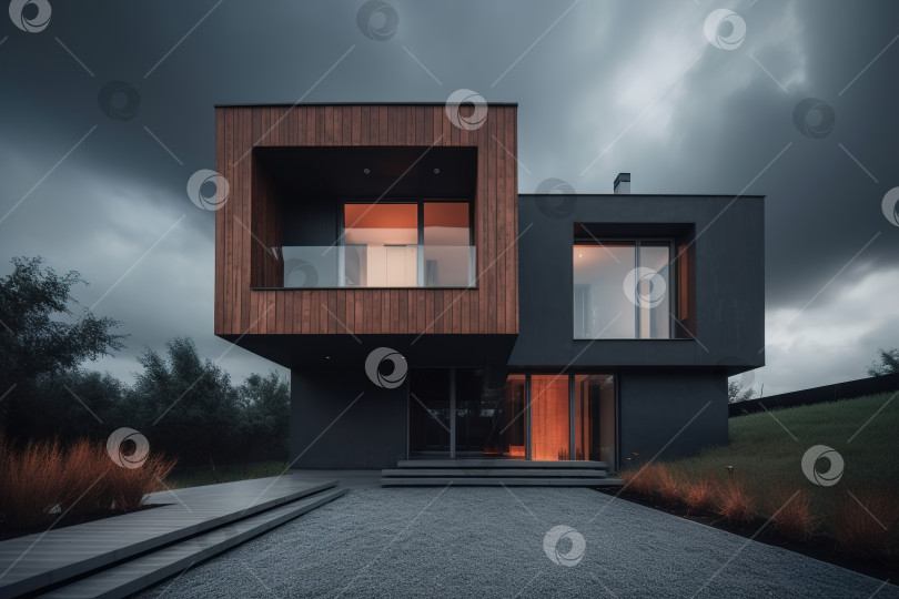 Скачать Современный минималистский модульный дом вечером, вид спереди снаружи. Порождающий искусственный интеллект фотосток Ozero
