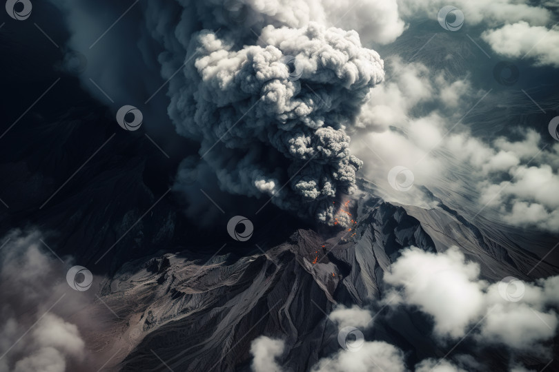 Скачать Извержение. Вид сверху на облако пепла, опасное природное явление на горе на острове. Порождающий искусственный интеллект фотосток Ozero
