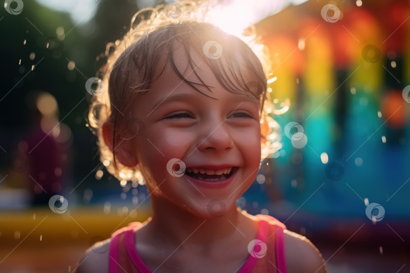 Скачать Веселый ребенок смеется в аквапарке на открытом воздухе. Портрет счастливой кавказской мокрой девушки, смотрящей в сторону в солнечный день. Детство, активный отдых детей. Порождающий искусственный интеллект фотосток Ozero