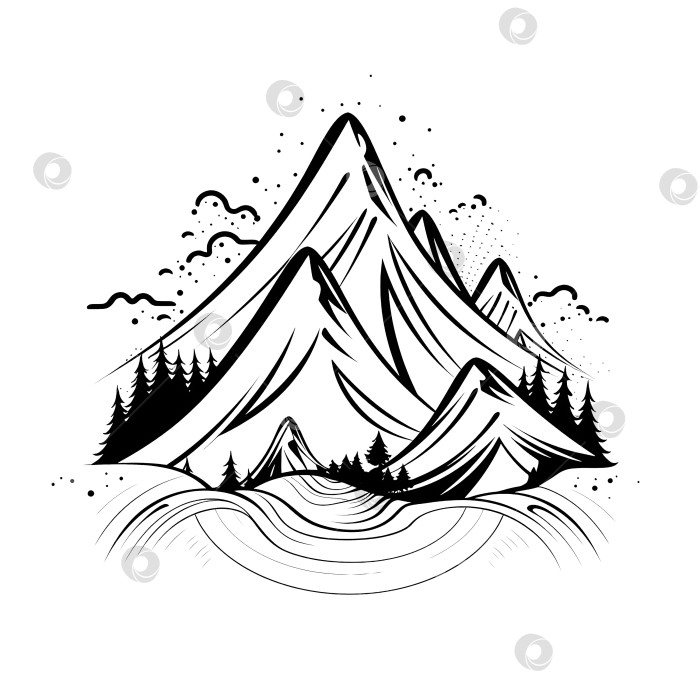 Скачать Горы, минималистичный рисунок в виде линий, выделенных на белом фоне. Порождающий искусственный интеллект фотосток Ozero