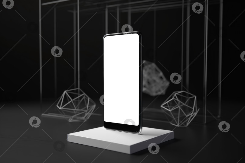 Скачать Вид сбоку на макет современного мобильного телефона на платформе, черный смартфон с пустым белым экраном. Генеративный искусственный интеллект. фотосток Ozero