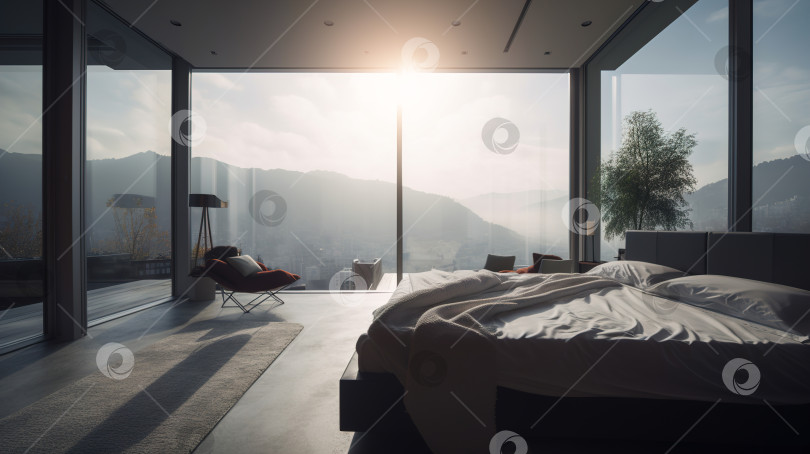 Скачать Интерьер спальни в минималистичном дизайне, окно с видом на город и горы солнечным утром, в помещении. Порождающий искусственный интеллект фотосток Ozero