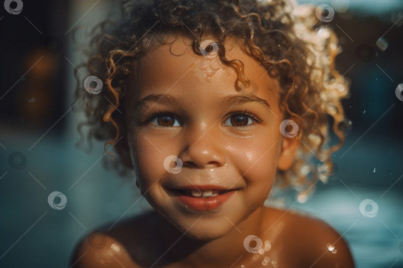 Скачать Портрет счастливого мокрого кудрявого ребенка в бассейне на открытом воздухе, смотрящего в камеру. Детство, активный отдых детей. Порождающий искусственный интеллект фотосток Ozero
