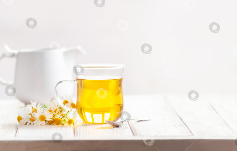 Скачать Чашка травяного чая с цветами ромашки и медом на белом деревянном фоне. Натуральная органическая альтернативная медицина фотосток Ozero
