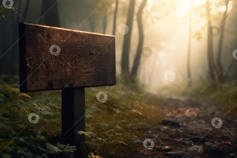 Скачать Старая деревянная вывеска с пустым местом для текста на столбе в лесу на открытом воздухе. Порождающий искусственный интеллект фотосток Ozero