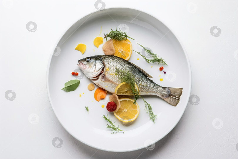Скачать Приготовленное вкусное рыбное блюдо на белой тарелке, вид сверху. Порождающий искусственный интеллект фотосток Ozero