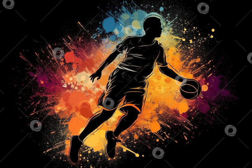 Скачать Баскетбол, силуэт мужчины-спортсмена-баскетболиста с мячом, абстрактная красочная иллюстрация. Порождающий искусственный интеллект фотосток Ozero