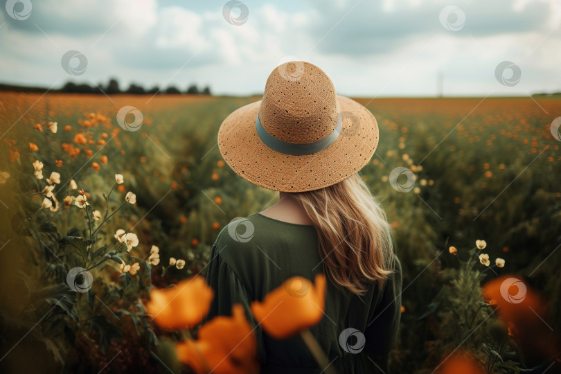 Скачать Вид сзади на красивую молодую женщину в зеленом платье и шляпке в поле оранжевых цветов на природе, свободе и расслаблении. Порождающий искусственный интеллект фотосток Ozero