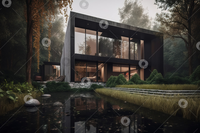 Скачать Современный минималистичный двухэтажный загородный дом в лесу рядом с прудом, внешний вид. Порождающий искусственный интеллект фотосток Ozero
