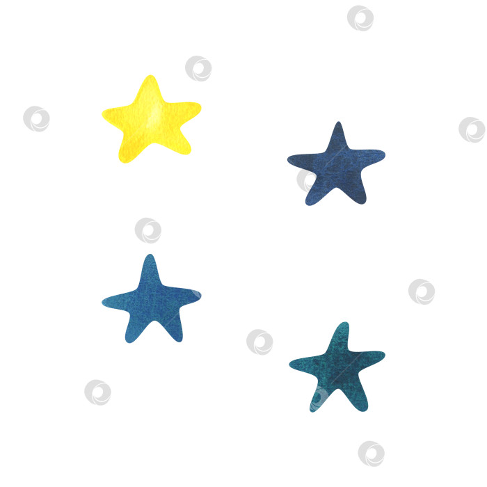 Скачать Силуэты звезд с синей, желтой и бирюзовой текстурой краски. Акварельная иллюстрация, нарисованная от руки в детском стиле. Набор изолированных элементов на белом фоне. фотосток Ozero