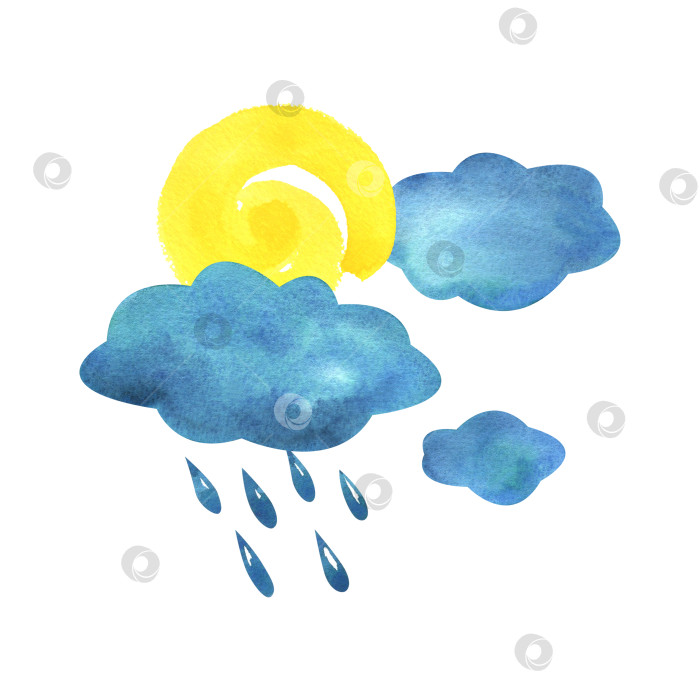Скачать Голубые облака с каплями дождя и желтое солнце. Акварельная иллюстрация, нарисованная от руки в простом абстрактном детском стиле. Изолированная композиция на белом фоне. фотосток Ozero
