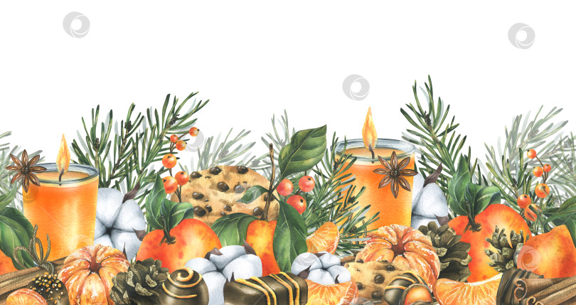 Скачать Рождественский декор с мандаринами, свечами, шампанским, сладостями и сосновыми ветками. Акварельная иллюстрация, нарисованная от руки. Для поздравлений и праздника. Горизонтальная бесшовная гирлянда на белом фоне фотосток Ozero