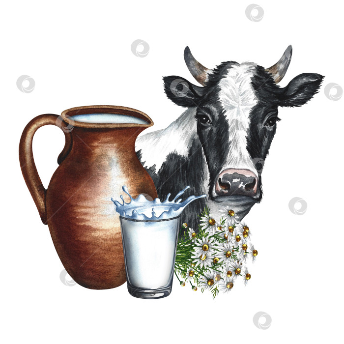 Скачать Портрет коровы и молочных продуктов в керамической и стеклянной посуде. Акварельная иллюстрация, нарисованная от руки. Для рекламного баннера молока, упаковки этикеток молочных продуктов. Для плакатов, принтов, визитных карточек. фотосток Ozero