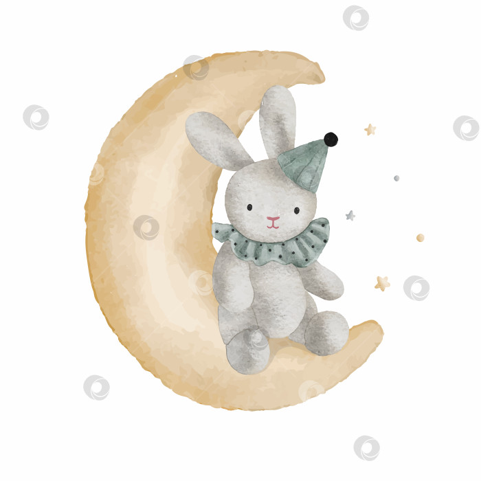 Скачать Милый кролик на Луне с маленькими звездочками, акварельная векторная иллюстрация. фотосток Ozero