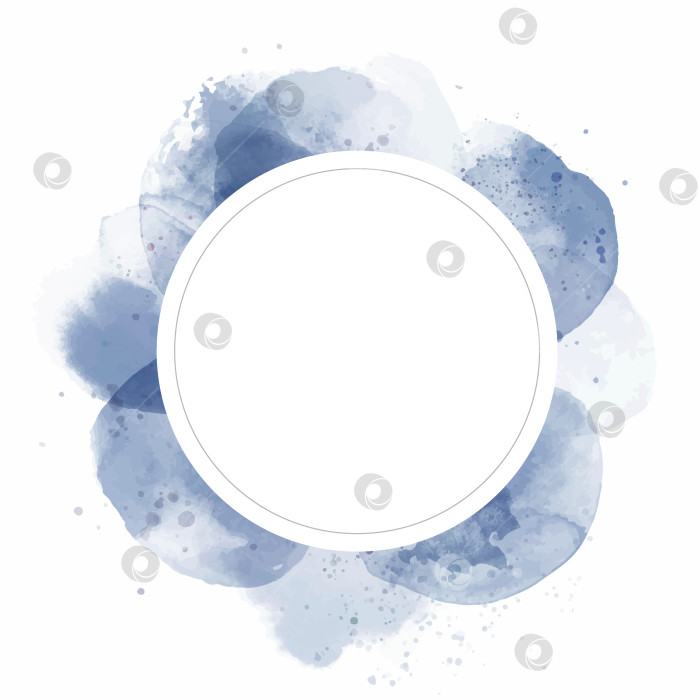 Скачать Векторная круглая рамка с абстрактными синими акварельными пятнами на белом фоне в пастельных тонах. фотосток Ozero