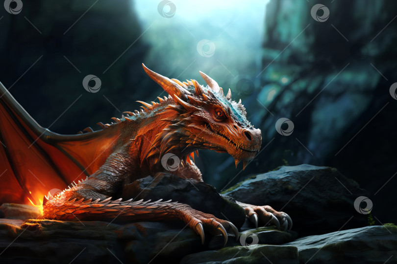 Скачать Крупный план большого красивого дракона на скале. фотосток Ozero