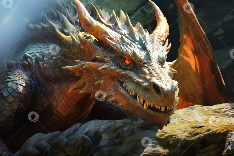 Скачать Крупный план большого красивого дракона на скале. фотосток Ozero