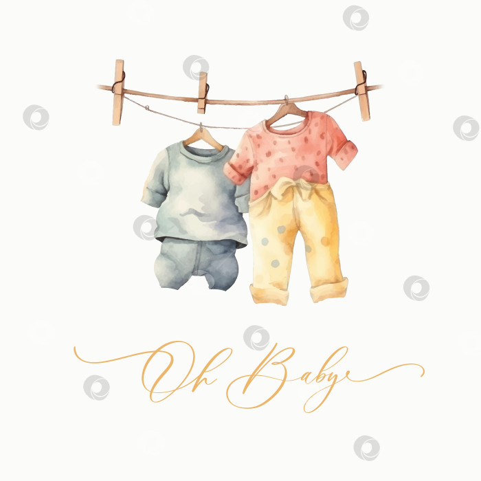Скачать О, детка. Симпатичная акварельная пригласительная открытка для душа младенца с платьем для новорожденного для празднования рождения младенца и детей. фотосток Ozero