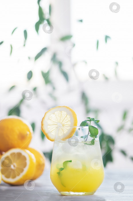 Скачать Освежающий лимонад со льдом в бокале с ломтиком лимона и листьями мяты с лимонными плодами фотосток Ozero