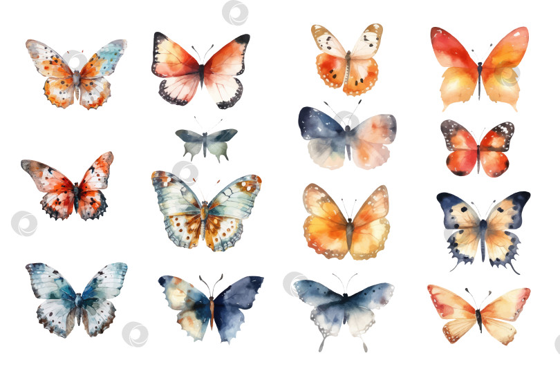 Скачать Коллекция летающих нежных бабочек. Векторная иллюстрация в винтажном акварельном стиле. фотосток Ozero