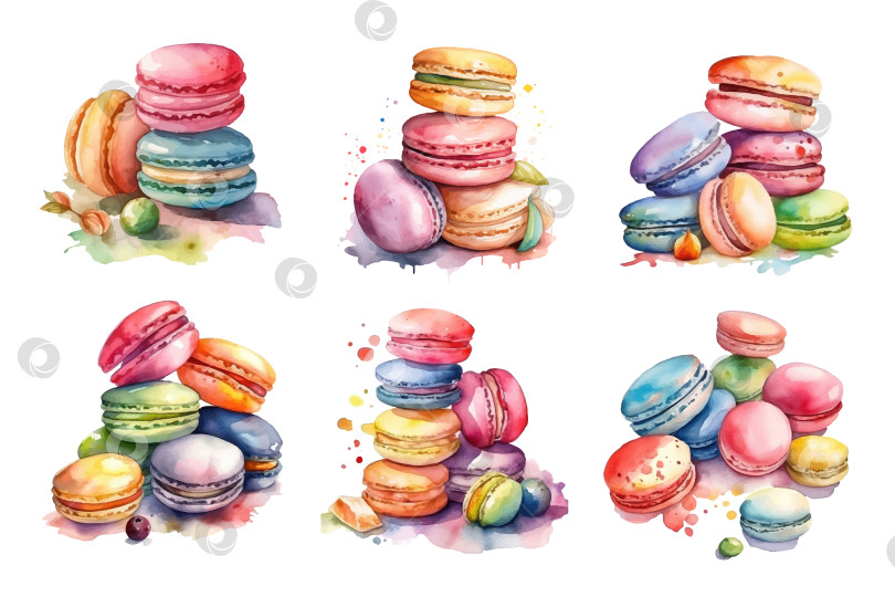 Скачать Разноцветные акварельные миндальные печенья, выделенные на белом фоне. Векторная иллюстрация. Набор значков. фотосток Ozero