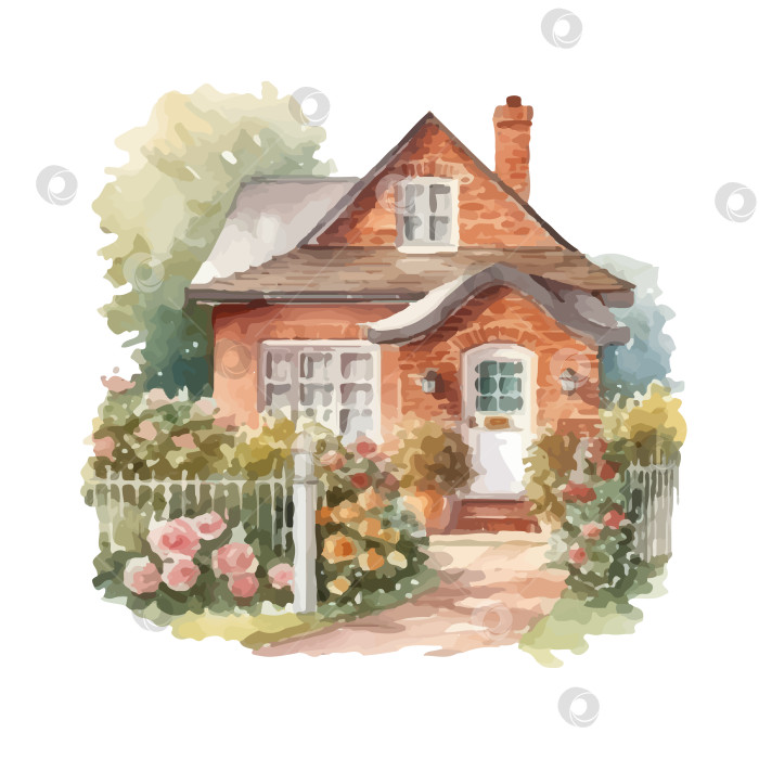 Скачать акварельный красивый дом с деревьями и цветами на белом фоне. фотосток Ozero