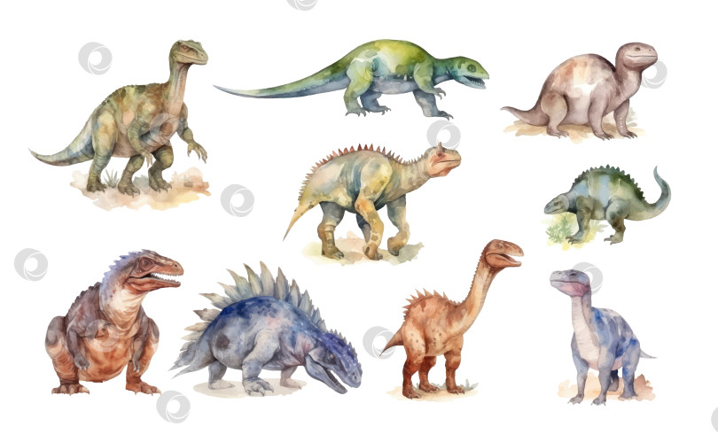 Скачать Акварельный набор милых динозавриков. фотосток Ozero