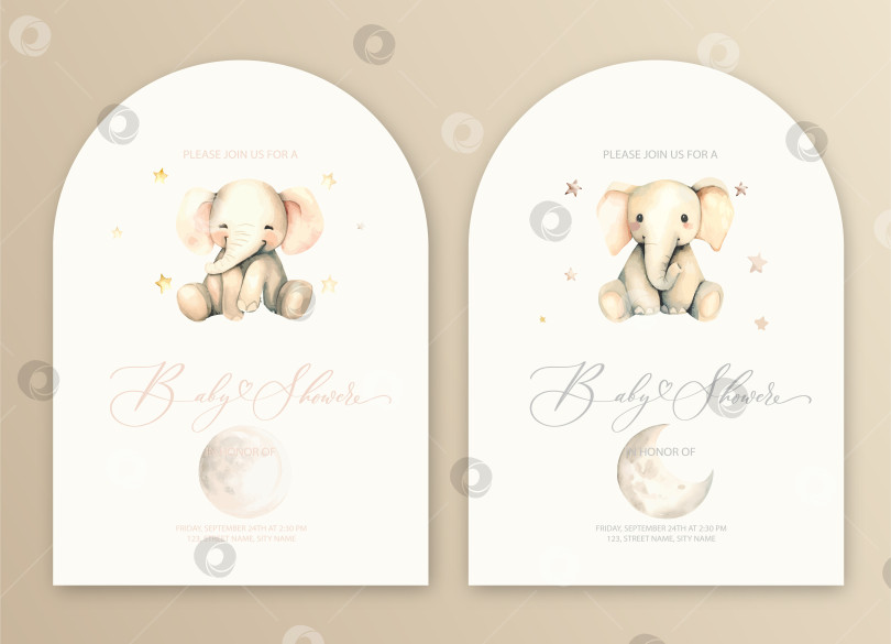 Скачать Симпатичная акварельная пригласительная открытка для детского душа на празднование дня рождения младенца и малышей с плюшевой игрушкой-слоном и звездами. фотосток Ozero