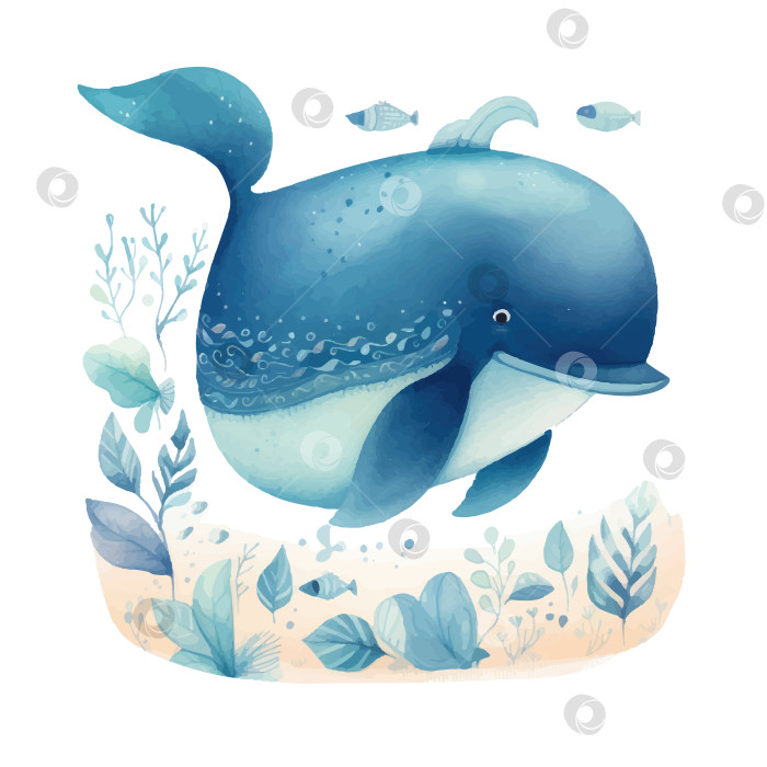 Скачать Симпатичная голубая акварельная векторная открытка с китом. фотосток Ozero