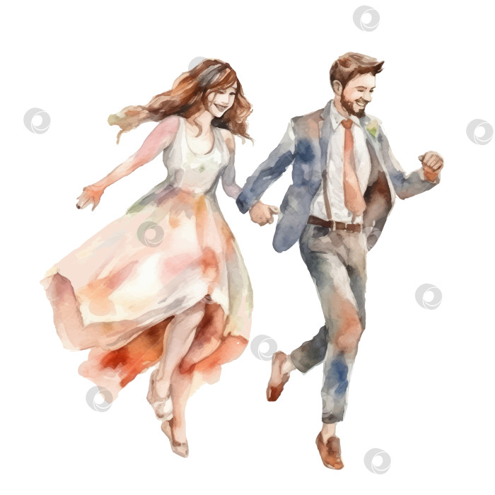Скачать Акварельная иллюстрация молодоженов, жениха и невесты, счастливо бегущих, держась за руки. фотосток Ozero