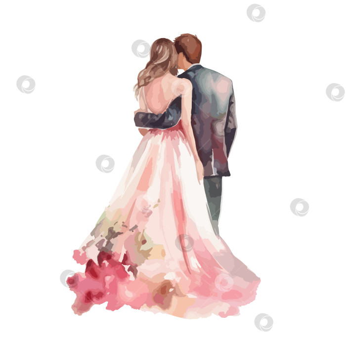 Скачать Акварельная иллюстрация, изображающая влюбленную пару молодоженов, жениха и невесту. фотосток Ozero