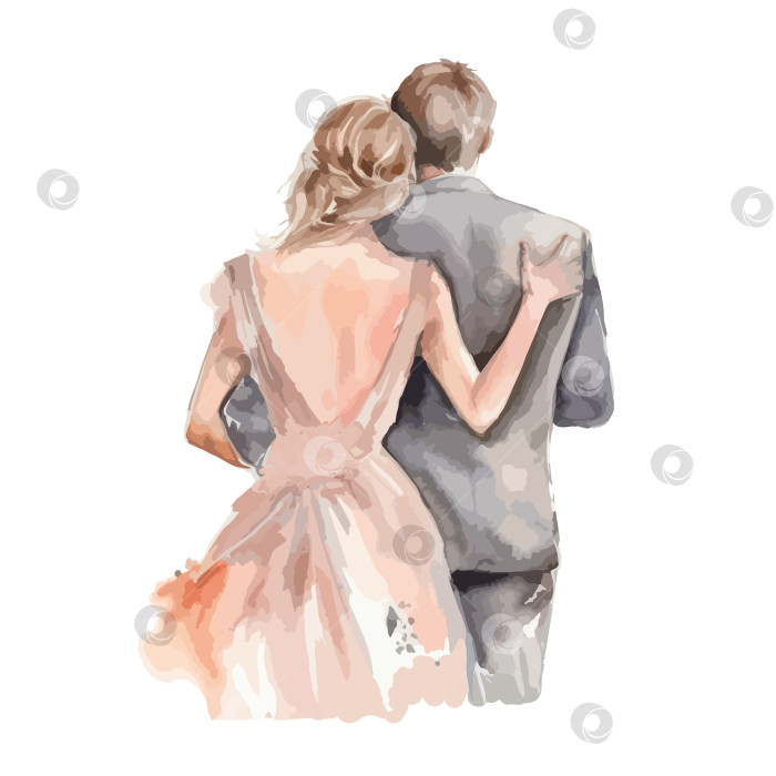 Скачать Акварельная иллюстрация, изображающая влюбленную пару молодоженов, жениха и невесту. фотосток Ozero