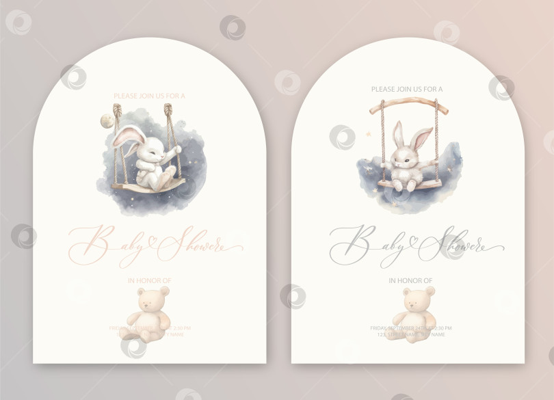 Скачать Симпатичная акварельная пригласительная открытка для душа младенца на празднование дня рождения младенца и детей с плюшевыми игрушками-кроликами. фотосток Ozero