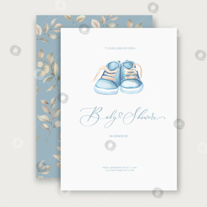Скачать Симпатичная акварельная пригласительная открытка для душа младенца на празднование дня рождения младенца и детей с детской обувью. фотосток Ozero