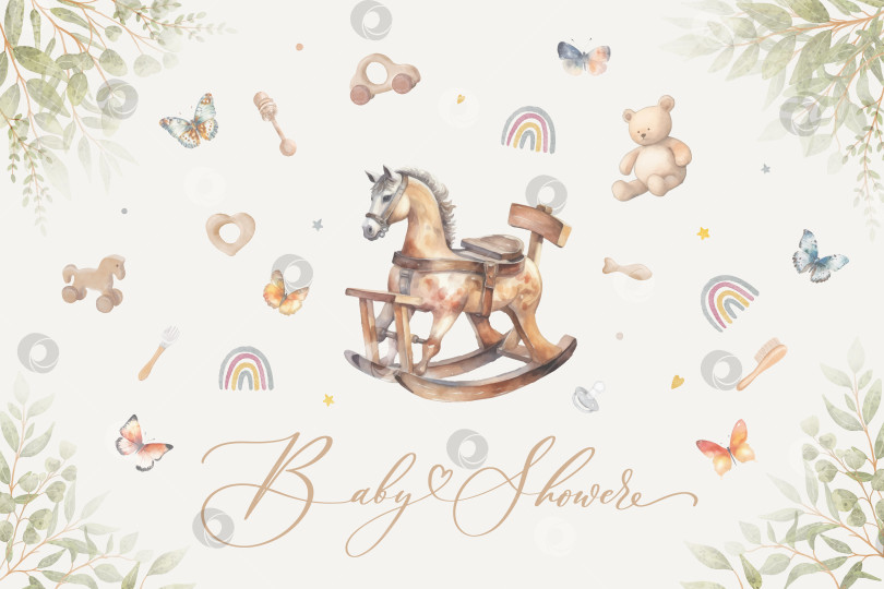 Скачать Симпатичная акварельная пригласительная открытка для детского душа на празднование новорожденности с детскими игрушками и деревянной лошадкой-качалкой. фотосток Ozero