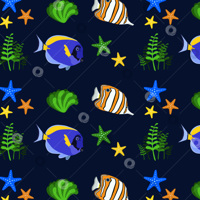 Скачать Узор с чередующимися рыбками, различными водорослями и разноцветными морскими звездами фотосток Ozero