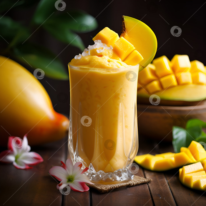 Скачать Манговый смузи в высоком бокале с нарезанными свежими плодами манго и тропическими цветами на деревянном столе. Сливочный тропический напиток на темном фоне. Стакан мангового напитка крупным планом. Созданный искусственным интеллектом фотосток Ozero