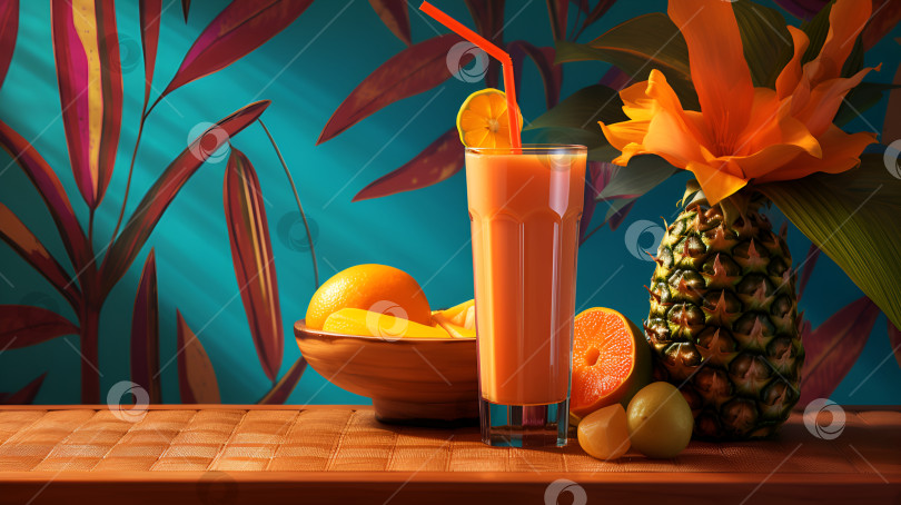 Скачать Тропический коктейль в высоком бокале с соломинкой на тропическом фоне. Красочный праздничный набор с коктейлем, ананасом, экзотическими цветами и тропическими фруктами. Африканский баннер с тропическим напитком и местом для копирования. Искусственный интеллект фотосток Ozero