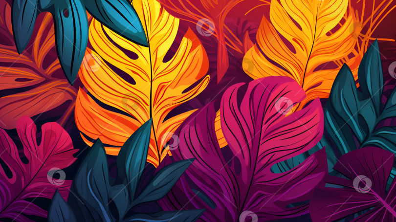 Скачать Тропический фон с листьями. Современный красочный тропический цветочный узор. Ботанический абстрактный узор с тропической экзотической монстерой и пальмовыми листьями. Орнамент для ткани, обоев, плакатов. Искусственный интеллект фотосток Ozero