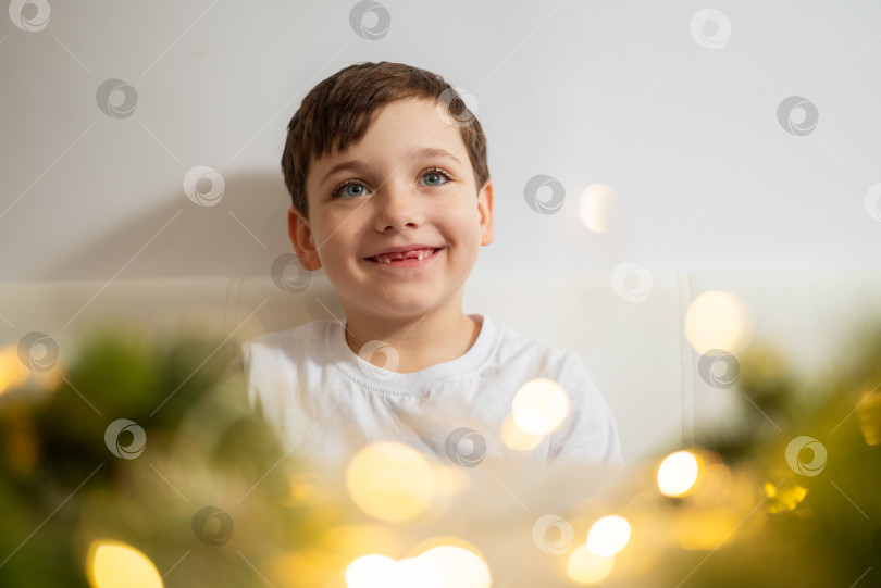 Скачать Милый улыбающийся маленький мальчик на Рождество, украшенный еловыми ветками и гирляндами. фотосток Ozero