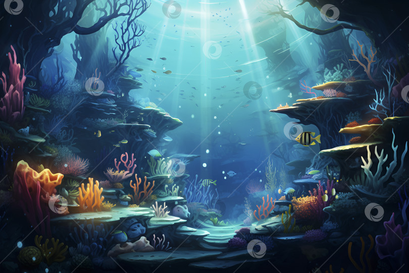 Скачать Генеративный искусственный интеллект, эстетика русалочьего кора, концепция подводной сказки. фантастический подводный мир. вода с рифами и кораллами голубого цвета фотосток Ozero