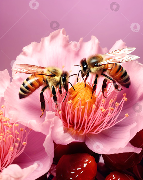 Скачать Две медоносные пчелы на розовых весенних цветах и розовом фоне фотосток Ozero