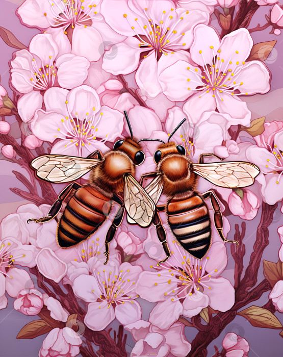 Скачать Две медоносные пчелы на розовых весенних цветах и розовом фоне фотосток Ozero