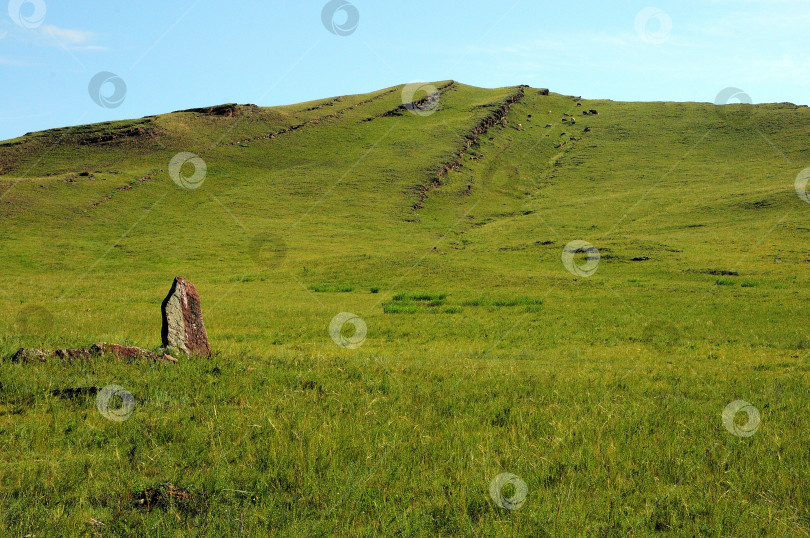 Скачать Менгир, древнее надгробие на месте старого захоронения у подножия высокого холма со скалистыми образованиями на вершине. фотосток Ozero